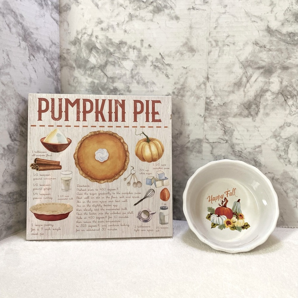 2 Piece Pumpkin Pie Recipe Wall Hanger and Happy Fall Ceramic 5”Bowl